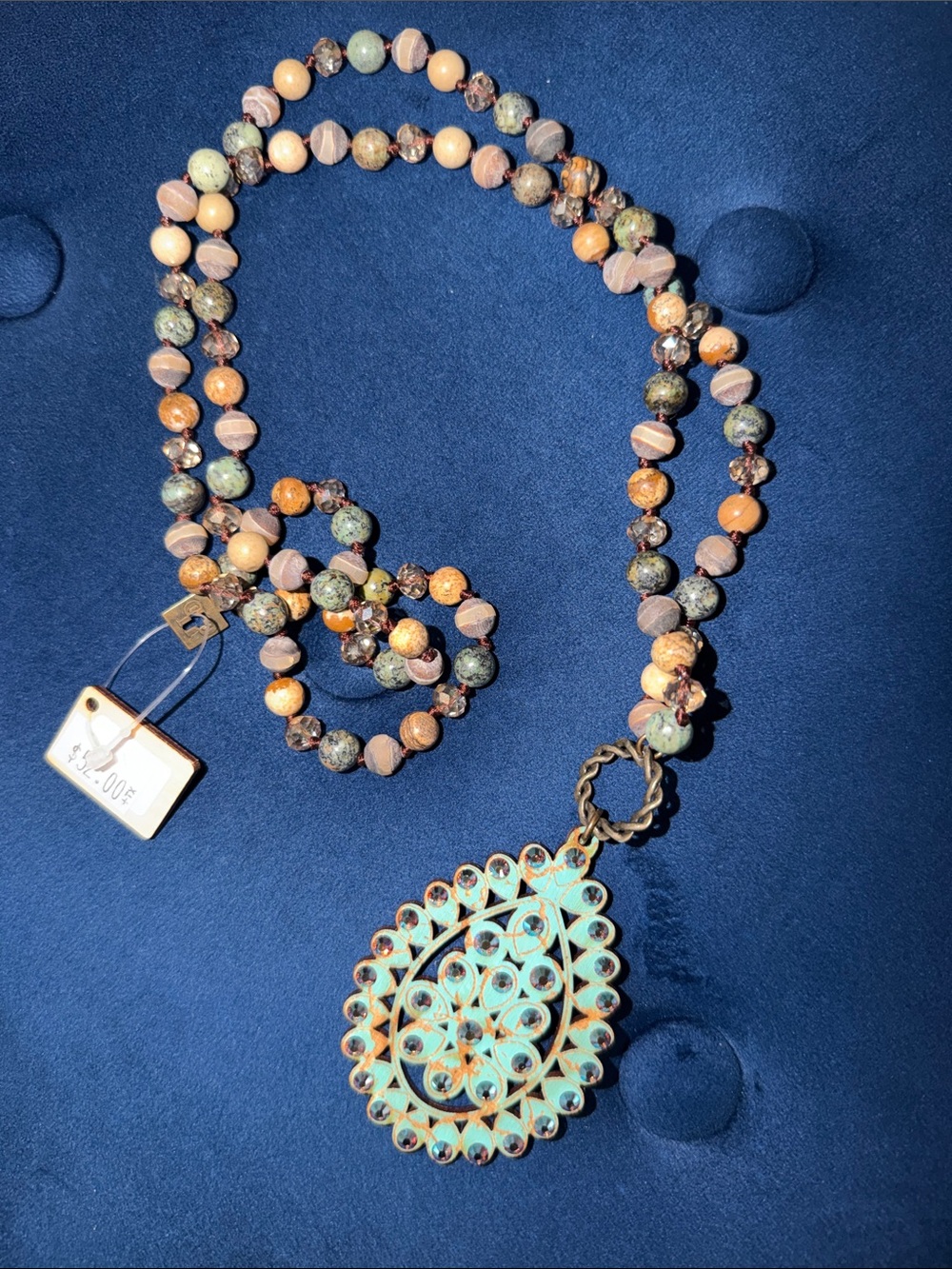 Patina Teardrop Pendant Beaded Necklace in Green and Tan - Women Jewelry